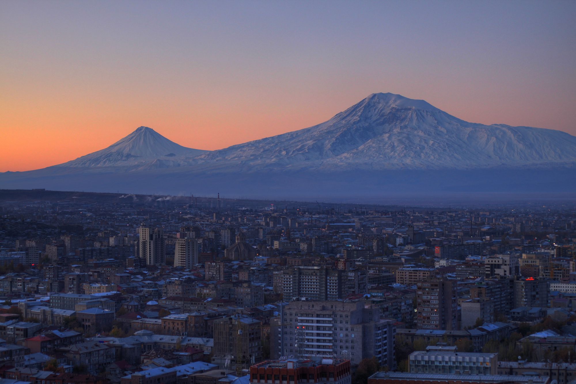 Mount Ararat rising beyond the Ararat plain at dawn