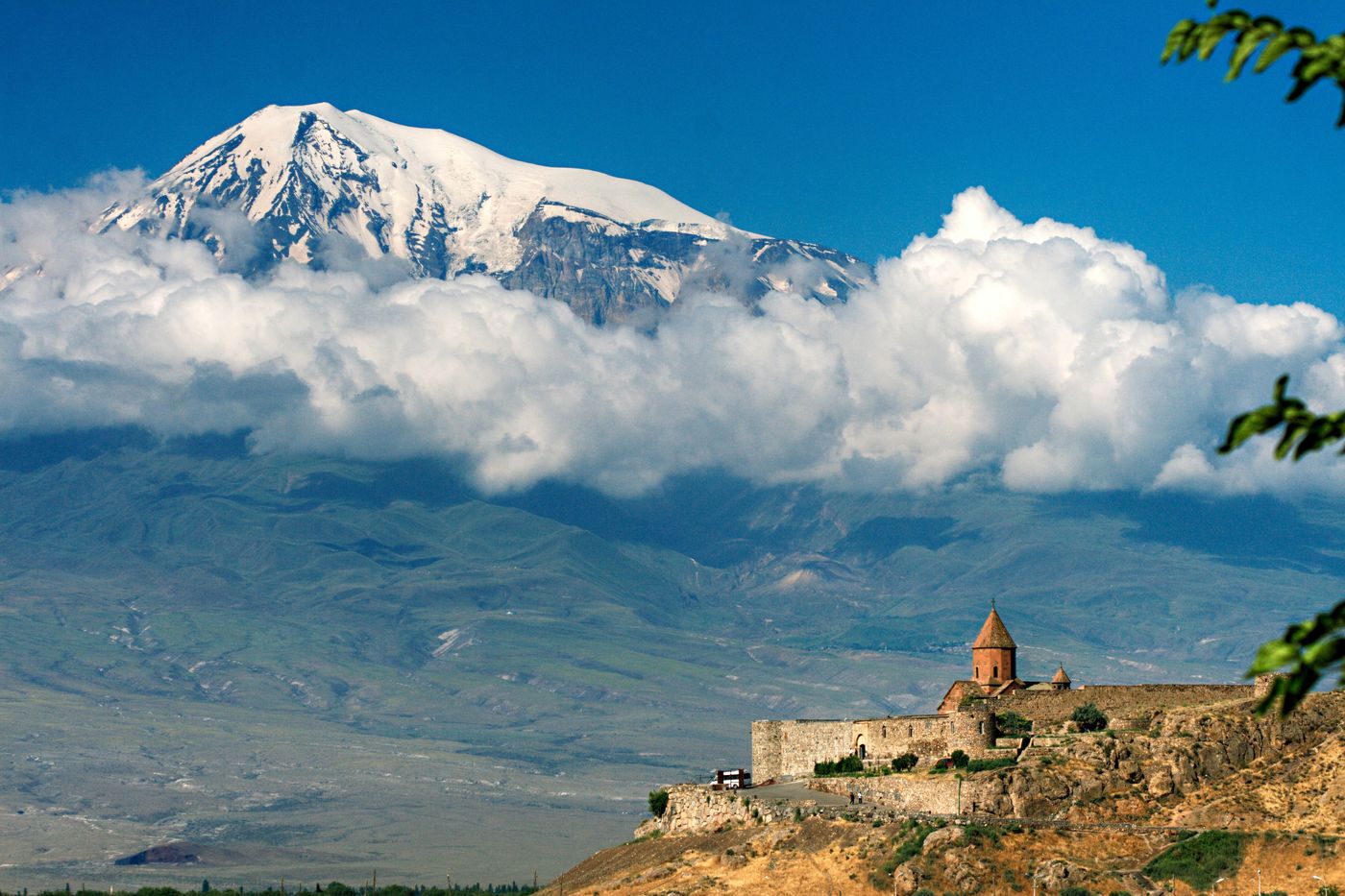 Khor Virap monastery on the plain with Mount Ararat behind
