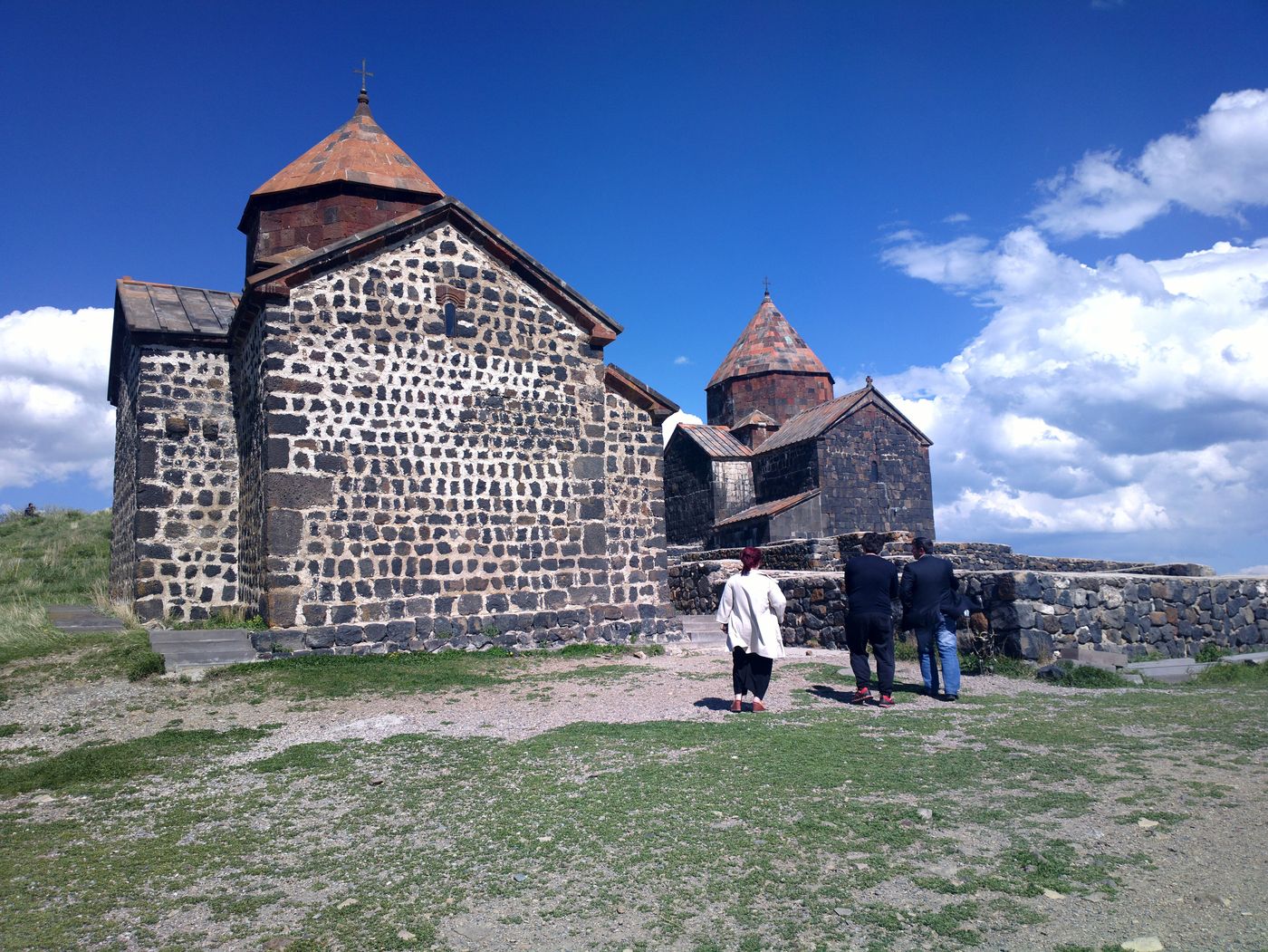 Sevanavank monastery above the blue water of Lake Sevan